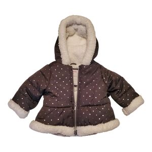 Polka Dot Hooded Jacket with Faux Fur Trim